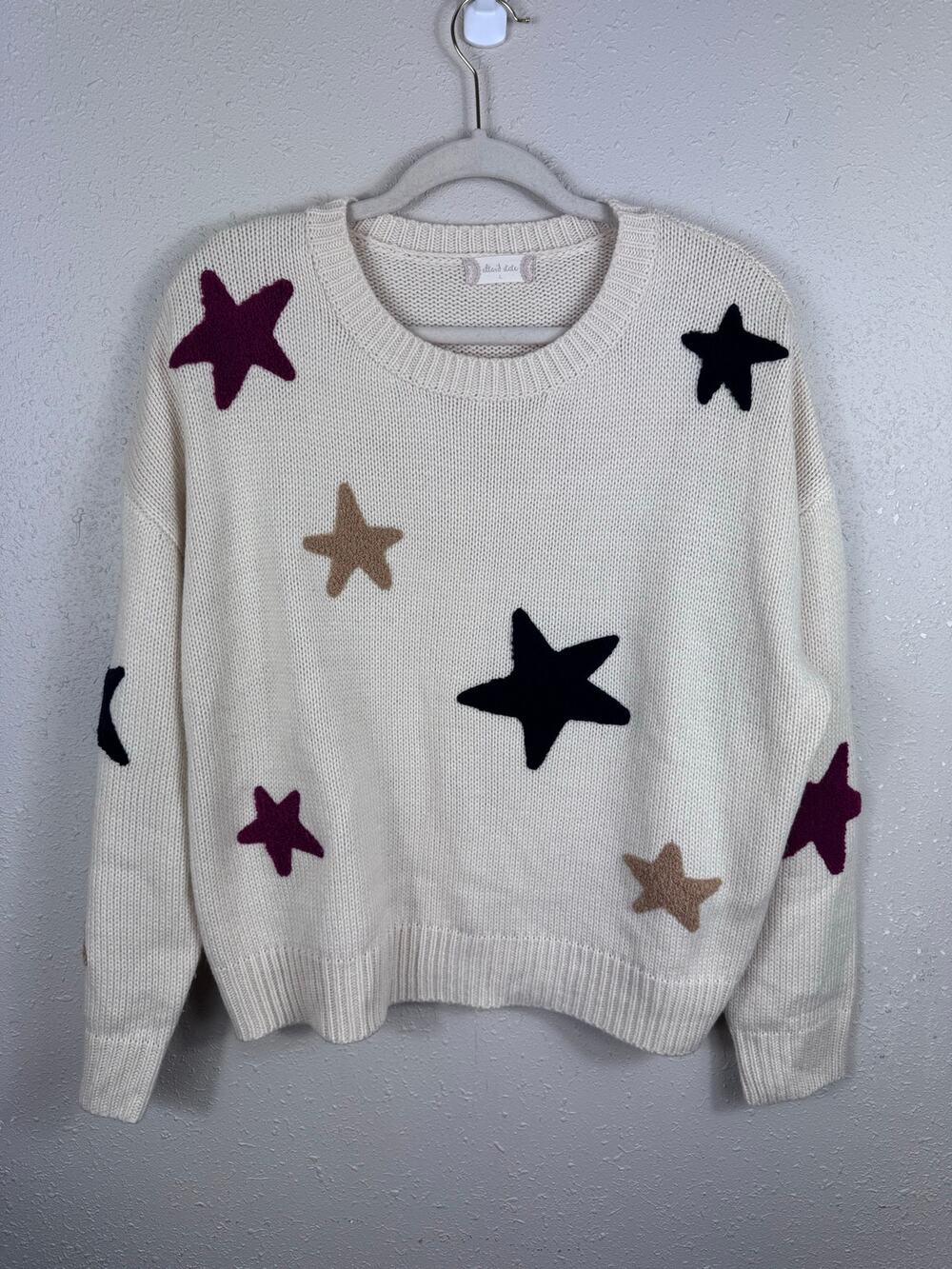 Altar'd State Cream Crewneck Star Sweater womens size Large